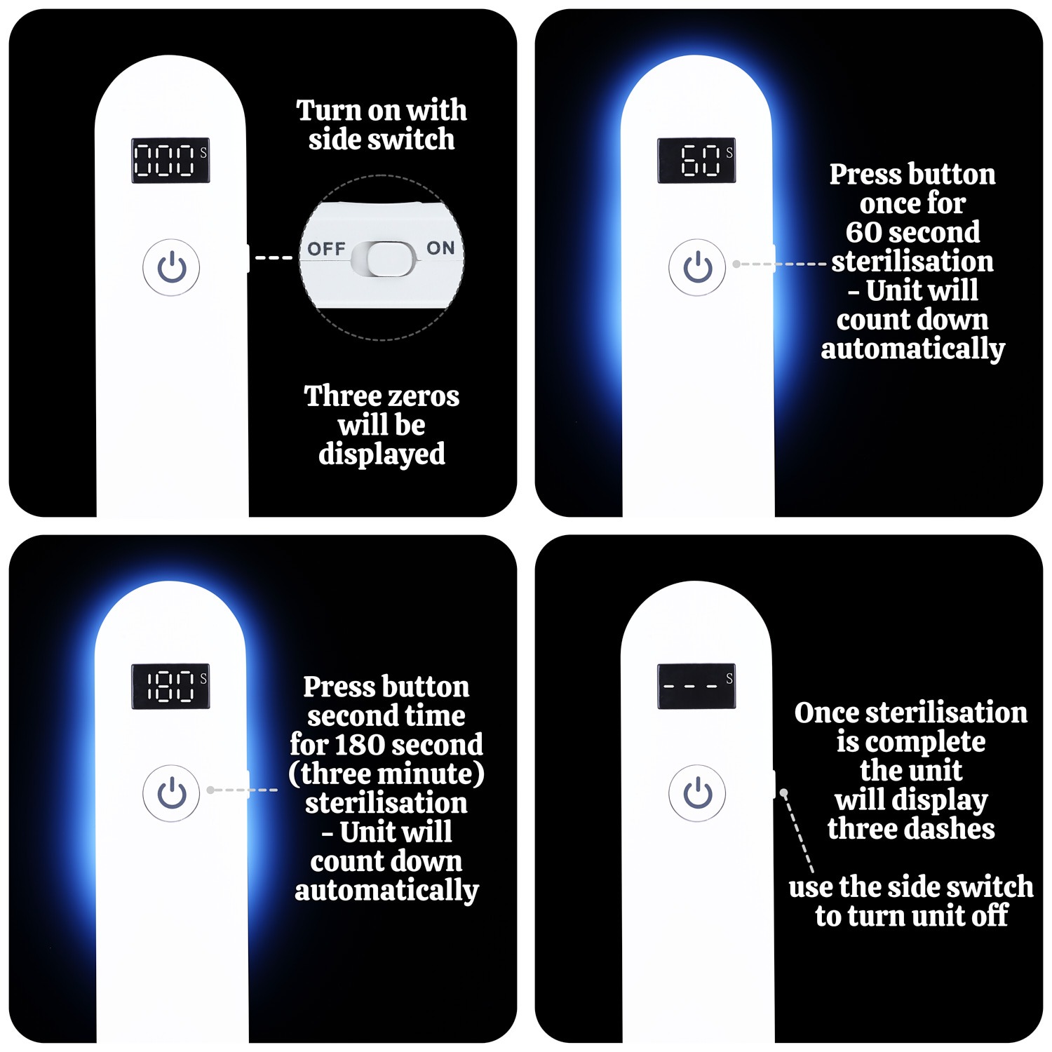 Instruction panel showing power on, 60s, 180s and shutdown