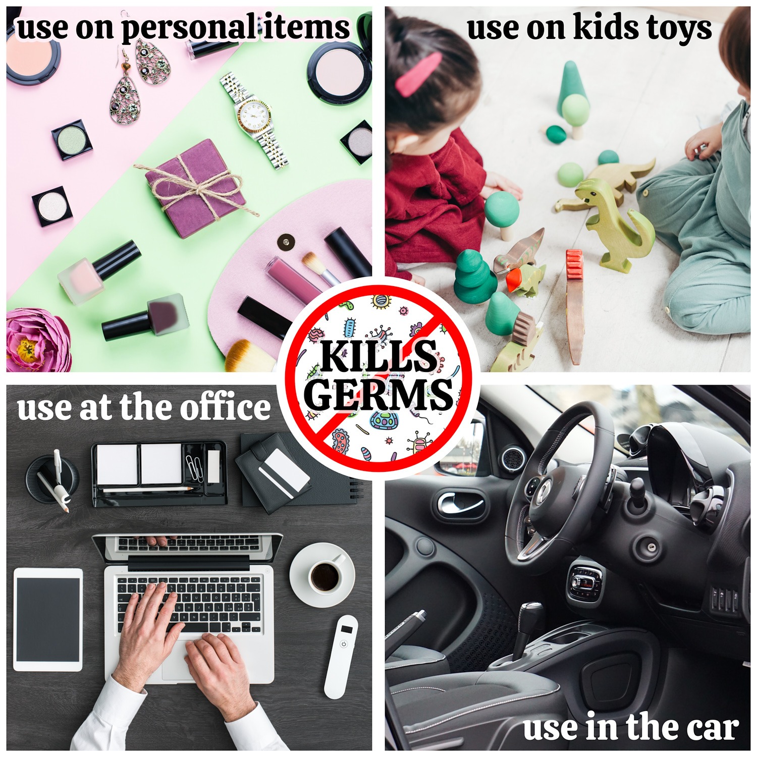 Collage showing usage on kids toys, office, car and makeup items